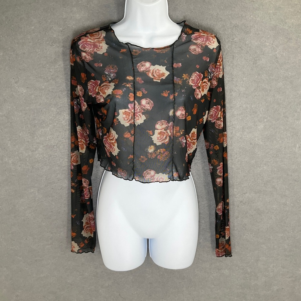 Floral Mesh Crop Top Womens Sz L Lettuce Hem Festival Concert Rodeo Party